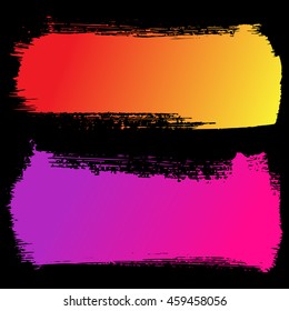 Set of colorful hand drawn brushstrokes on black background vector illustration. Abstract ink grunge banners for design.
