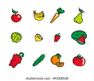 Set of colorful hand drawn cartoon style fruits and vegetables icons set.