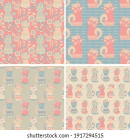 Set of Colorful Hand drawn Cats and Flowers, Animals and plants backgrounds, Seamless Vector Patterns