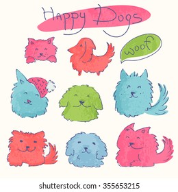 Set of colorful hand drawn characters. Happy dogs. 