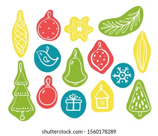 Set of colorful hand drawn Christmas decorations and symbols isolated on white background. Doodle Christmas design elements. Vector illustration