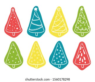 Set of colorful hand drawn Christmas trees in sketchy style isolated on white background. Doodle Christmas design elements. Vector illustration