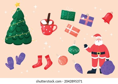 Set of colorful hand drawn Christmas decoration elements, symbols, sticker pack. Modern vector illustration cartoon flat doodle style. Merry Christmas and Happy New Year.