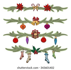 Set of Colorful hand drawn Christmas borders or dividers set. Christmas symbols and pine tree branches. 