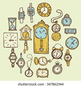 Set Of Colorful Hand Drawn Clock Doodles