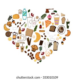 Set of colorful hand drawn coffee elements in the shape of a heart. Outlined elements. Coffee beans, cappuccino, espresso, cocktail, cups, mugs, dessert, cinnamon, buns. Vector illustration 