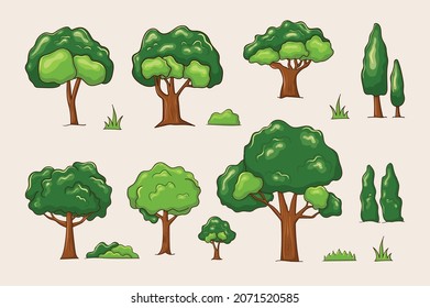 set of colorful hand drawn different tree designs