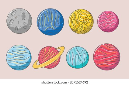 Set of colorful hand drawn different abstract planet designs