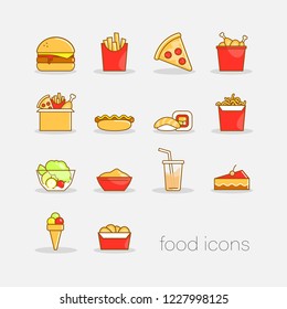 Set of colorful hand drawn doodle style fast food icons. Flat colorful illustration for web.