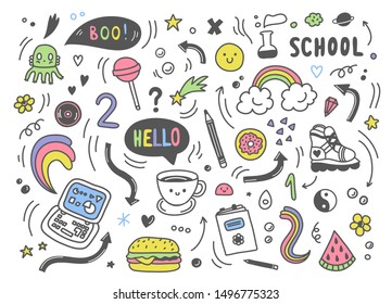 Set of colorful hand drawn doodle elements,arrows,stars,symbols,office or school objects and stationery.Funny colorful doodle background.Vector clip art