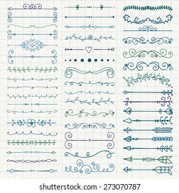 Conjunto de elementos de diseño de Doodle dibujados a mano. Dividedores Florales Decorativos, Flores, Bañones, Desplazamientos. Dibujo de la pluma. Textura de papel para portátiles. Ilustración de vectores vintage.