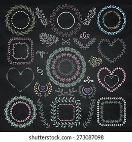 Set of Colorful Hand Drawn Doodle Floral Decorative Borders, Frames, Wreaths, Laurels. Chalk Drawing Design Elements. Chalkboard Background Texture.Vintage Vector Illustration. 