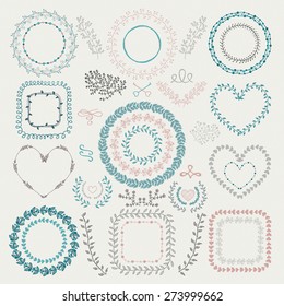 Set of Colorful Hand Drawn Doodle Floral Decorative Borders, Frames, Wreaths, Laurels. Vintage Design Elements. Vector Illustration.
