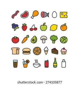 Set of colorful hand drawn doodle style food icons: meat and dairy, fruits and vegetables, processed food and drinks.