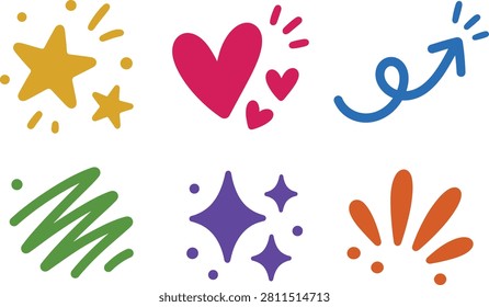 Set of colorful hand drawn doodle icons including stars heart arrow and sparkles