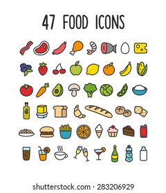Set Of Colorful Hand Drawn Doodle Style Food Icons: Meat And Dairy, Fruits And Vegetables, Processed Food And Drinks.