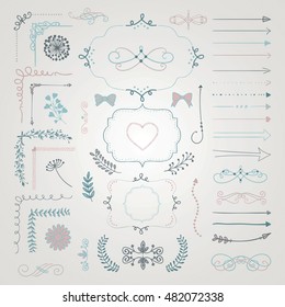 Set of Colorful Hand Drawn Doodle Design Elements. Rustic Decorative Borders, Dividers, Arrows, Swirls, Scrolls, Frames, Corners, Objects Vector Illustration