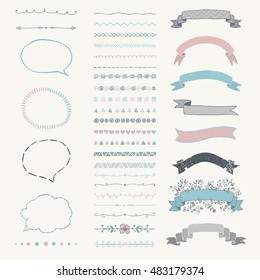 Set of Colorful Hand Drawn Doodle Design Elements. Rustic Decorative Speech Bubbles, Dividers, Ribbons, Swirls, Scrolls, Frames, Banners, Objects. Vector Illustration