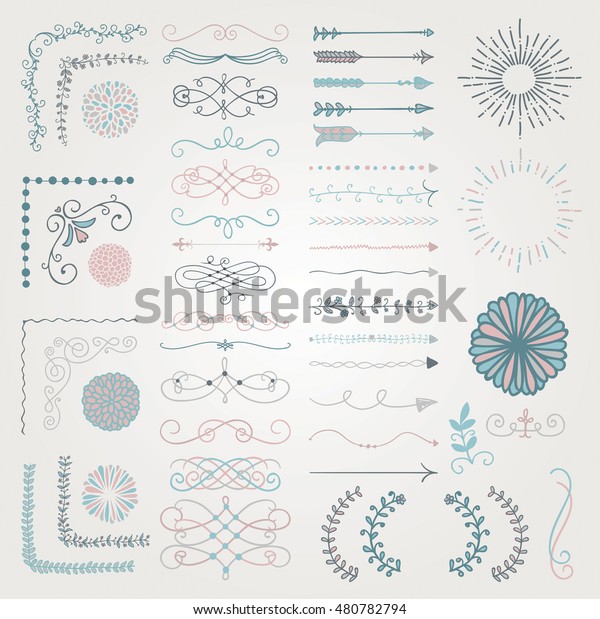 Set of\
Colorful Hand Drawn Doodle Design Elements. Rustic Decorative Line\
Borders, Dividers, Arrows, Swirls, Scrolls, Ribbons, Banners,\
Frames, Corners, Objects. Vector\
Illustration