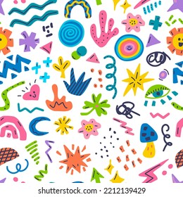 Set of colorful hand drawn doodles of different shapes, abstract elements for modern design, vector seamless pattern on white background.