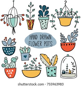 Set with colorful hand drawn flower pots. Sketch style, doodle plants. Botany illustration. Vector. Isolated