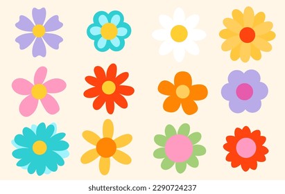 Set of colorful hand drawn flowers in retro style. 70s groovy floral elements set. Simple Abstract flowers with different shapes and colors. Contemporary Vector illustration floral doodle elements