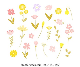 Set of colorful hand drawn flowers and leaves isolated on white background. Beautiful wildflowers collection. Vector illustration in flat cartoon style