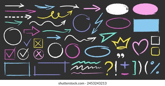 Set of colorful hand drawn grunge doodle spiral and curved charcoal, chalk arrows, circle, frame, abstract shapes. Scribble symbols of direction pointers, swirl arrow elements for infographic design