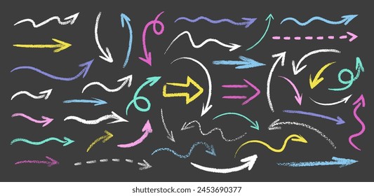 Set of colorful hand drawn grunge doodle spiral and curved white chalk arrows on black background. Scribble symbols of direction pointers, swirl arrow elements for infographic design