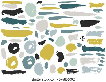 Set of colorful hand drawn grunge elements, geometrical shapes, rings, circles, banners, brush strokes isolated on white. Vector illustration.