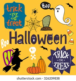 Set of colorful hand drawn halloween doodles with cartoon ghosts, witch, candy corns and other elements. Halloween and Trick or threat hand lettering.