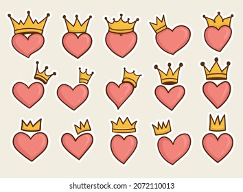 set of colorful hand drawn heart symbol with crown on it