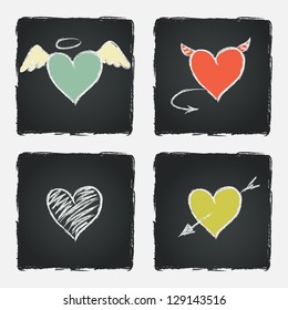 Set of colorful hand drawn hearts on chalkboard background. Vector illustration.