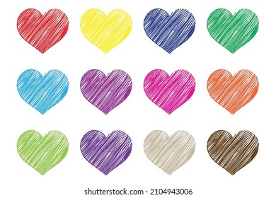 Set of colorful hand drawn hearts