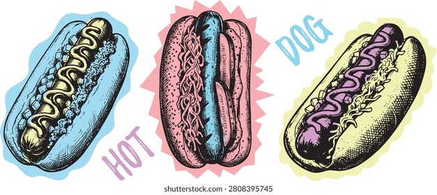 Set of colorful hand drawn hot dog illustrations for national hotdog day sticker collection