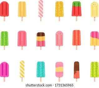 Set of colorful hand drawn ice pops of different flavors like watermelon, strawberry, kiwi, vanilla and chocolate. Vector set of summer fruity lollipops.