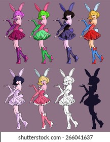 Set of colorful hand drawn illustrations of a pretty girl in a bunny costume