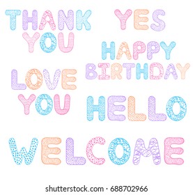 Set of colorful hand drawn inscriptions on white background. Vector illustration.