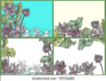 Set colorful hand drawn lotus flower for backgrounds, graphics and text.