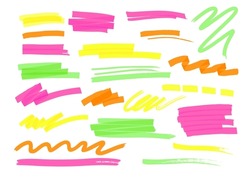 Set Of Colorful Hand Drawn Marker Highlighter Stripe, Line, Stroke, Wavy Scribble, Zigzag, Underline Element Vector Illustration. Handwritten Sketchy Permanent Pattern, Pencil Curve Collection