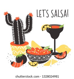 Set of colorful hand drawn Mexican food elements: salsa, margarita, lemon, cactus, tomato. Hand drawn food for restaurant menu, banner, flyer, print design and place for your text.