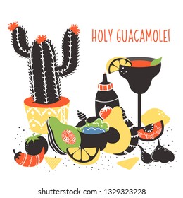 Set of colorful hand drawn Mexican food elements: guacamole, margarita, lemon, cactus, tomato. Hand drawn food for restaurant menu, banner, flyer, print design and place for your text.