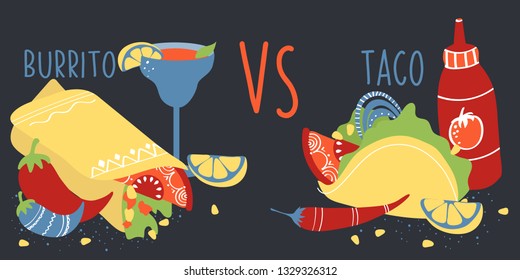 Set of colorful hand drawn Mexican food elements: burrito, taco, margarita, lemon, cactus, tomato. Hand drawn food for restaurant menu, banner, flyer, print design.