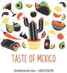 Set of colorful hand drawn Mexican food elements: burrito, taco, margarita, lemon, cactus, tomato. Hand drawn food for restaurant menu, banner, flyer, print design.