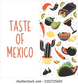 Set of colorful hand drawn Mexican food elements: burrito, taco, margarita, lemon, cactus, tomato. Hand drawn food for restaurant menu, banner, flyer, print design.