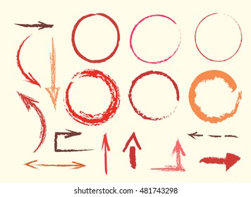 set of colorful hand drawn oil pastel textured arrows and circles . vector design elements