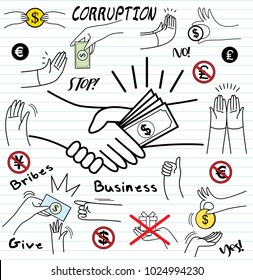 Set of colorful hand drawn on paper background.Stop corruption . Don't give bribes, vector illustration