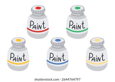 Set of colorful hand drawn paint jars in primary and secondary colors. Concept of creative art supplies, color mixing and artistic expression