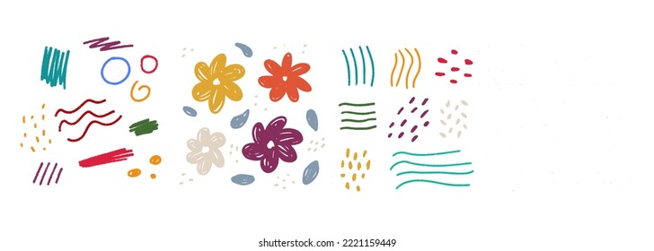 Set Colorful Hand Drawn Pencil Scribbled Doodles. Isolated on transparent background.