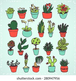 set of colorful hand drawn plants in pots